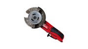 A red and black Milwaukee angle grinder with a metal wire wheel attachment, shown on a plain white background.